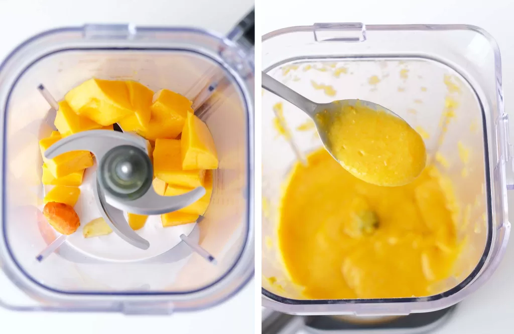 Blending top layer of frozen mango tarts in a blender