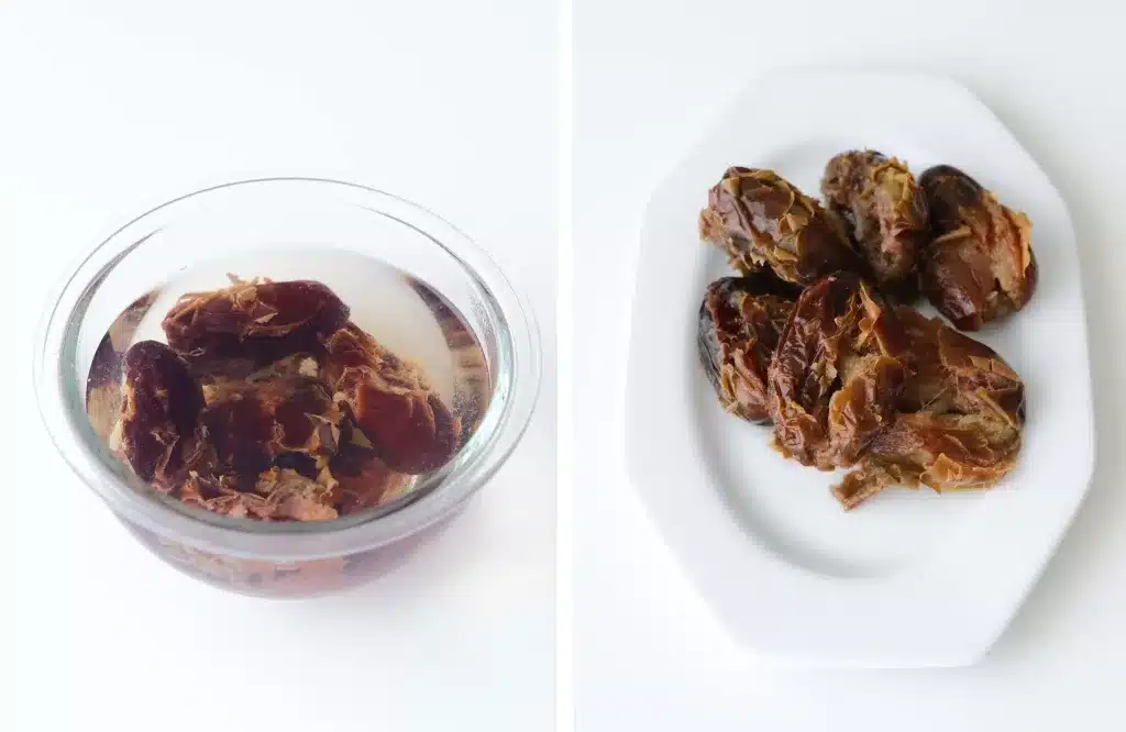 Soaking dates in a bowl of water and drained dates on a plate