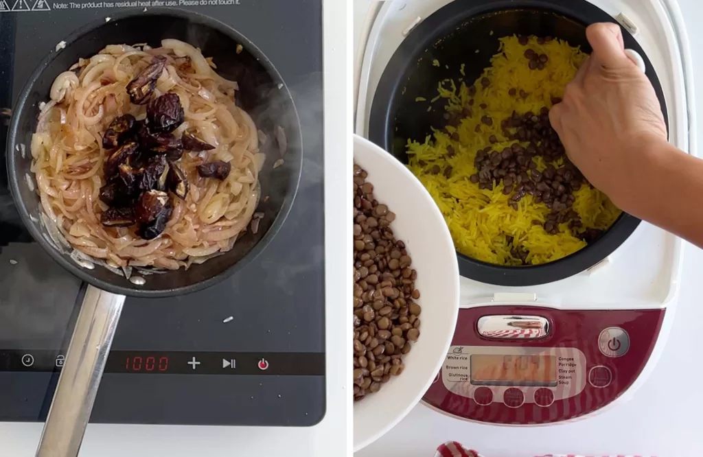 Sautee onion with dates and mix the rice with lentils