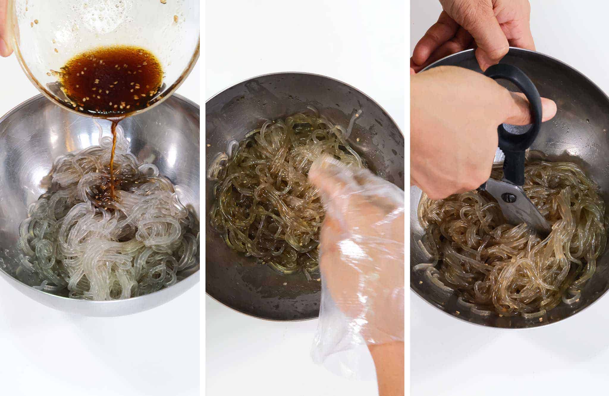 Pour the Japchae sauce onto the noodles.
