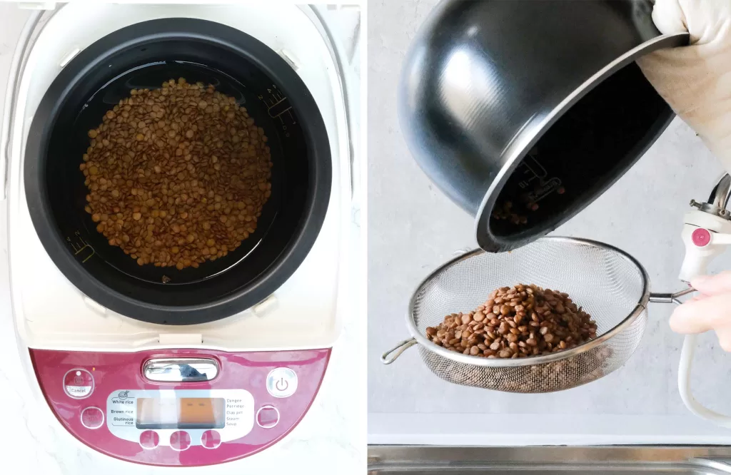 Cook lentils in a rice cooker and strain the water once cooked.