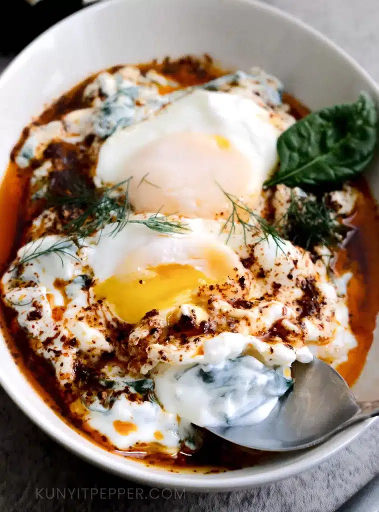 Spinach yogurt poached egg.