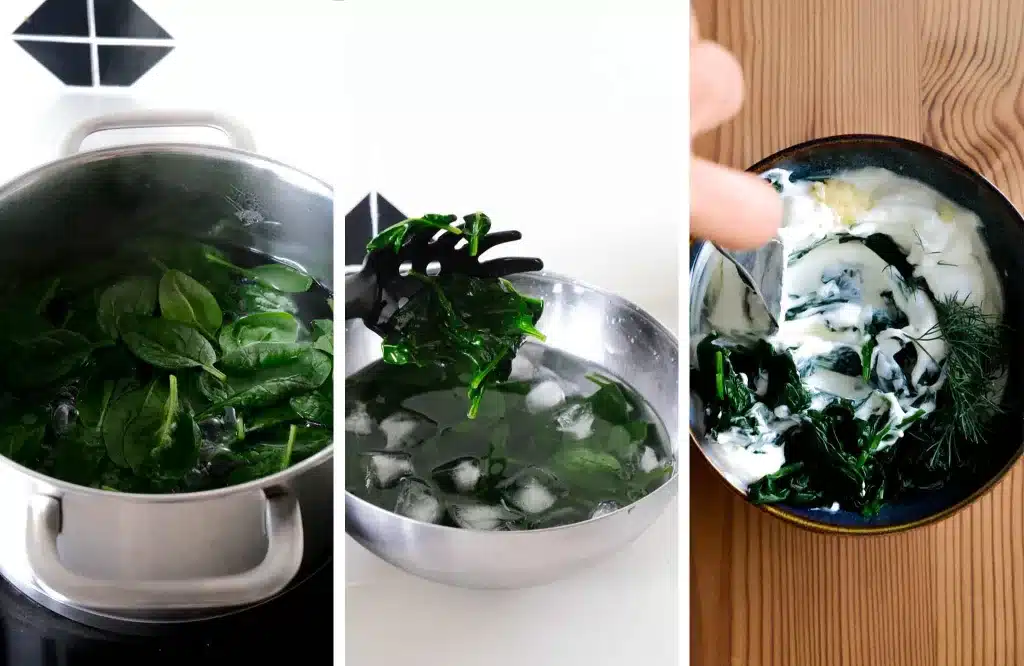 3 steps to make yogurt spinach_Boiling spinach, blanching them, and mixing with yogurt