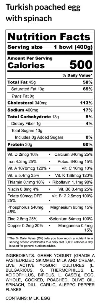 Turkish poached egg with spinach_Nutrition Label