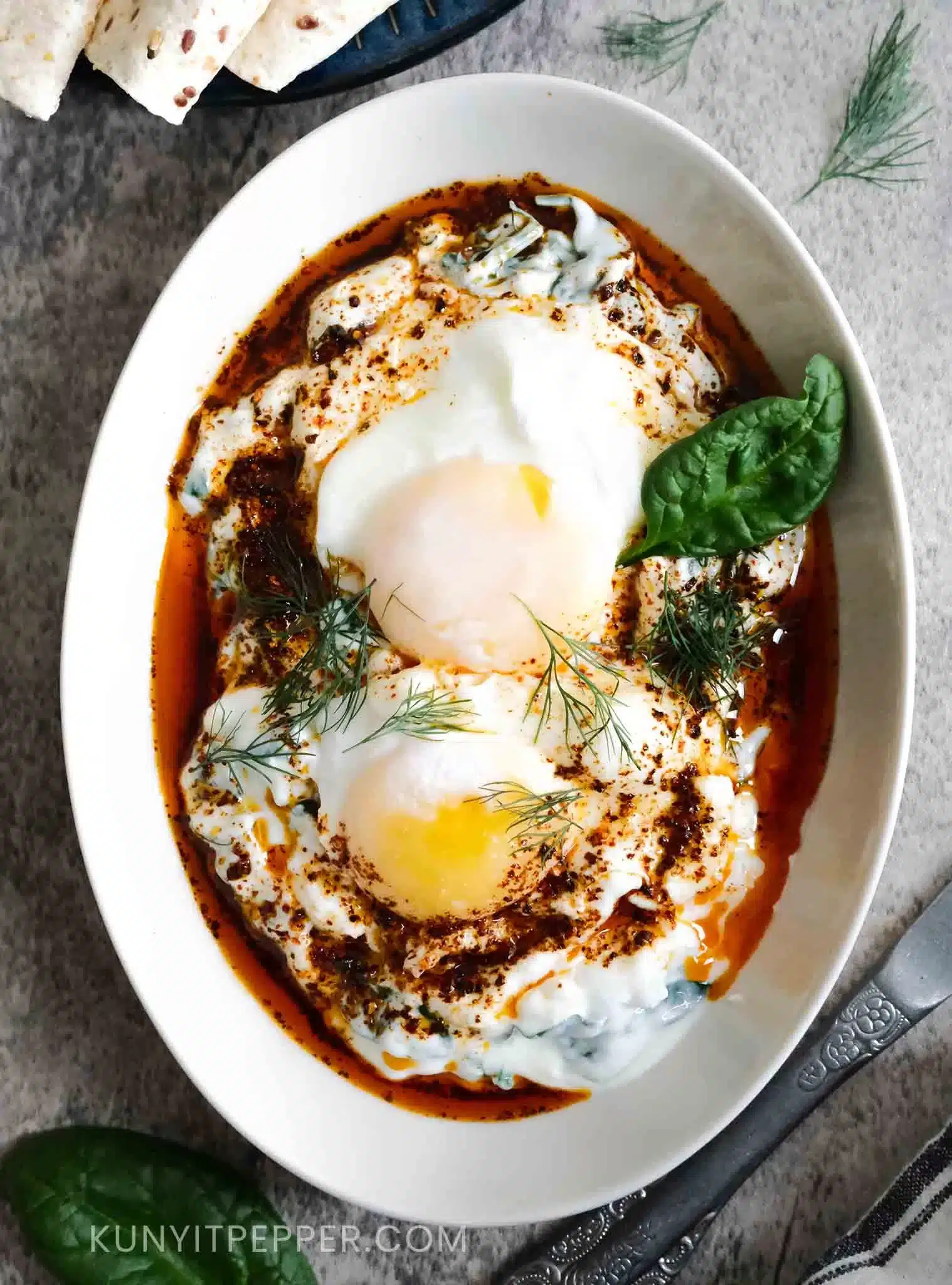 Turkish Egg - Cilbir - with Spinach Yogurt
