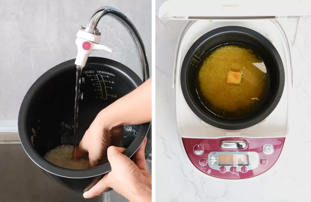 Wash and cook the rice with turmeric and butter