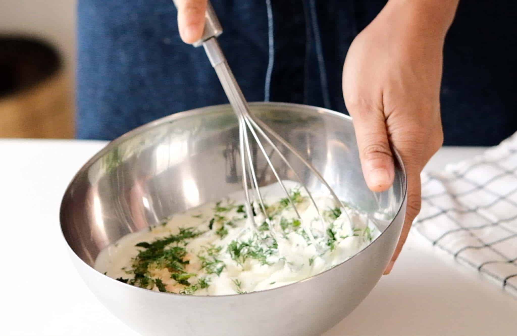 Whisk together, yogurt, chopped herbs, salt and garlic in a bowl. Turkish egg-Cilbir_How to make Turkish egg.1.