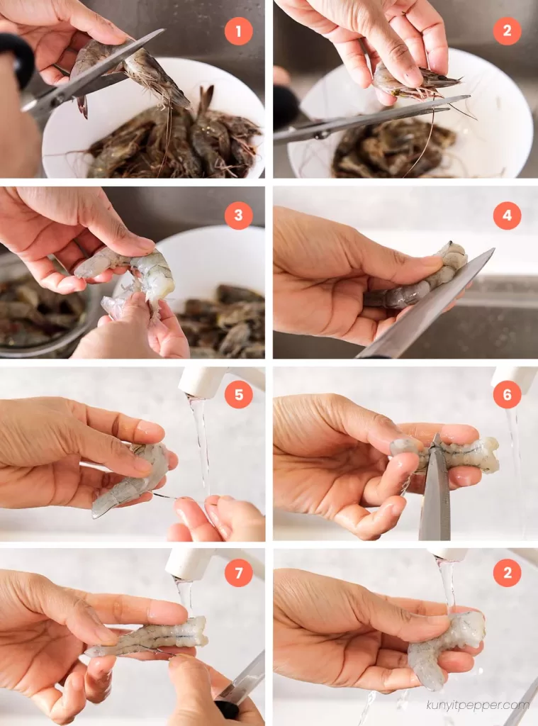 8 steps on how to clean and devein prawn or shrimp.