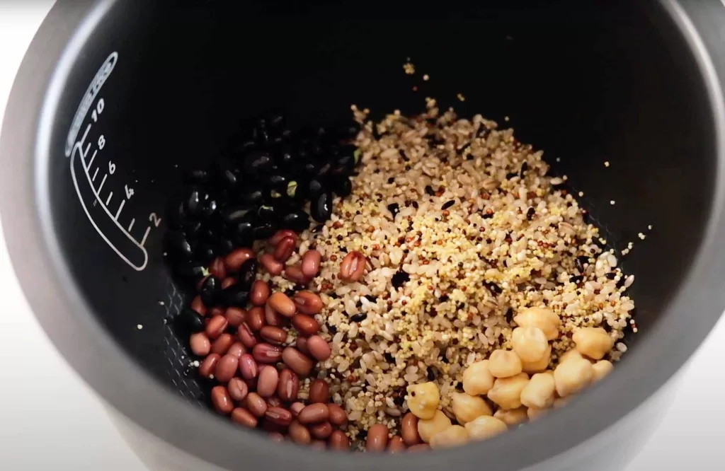 All legumes and grains in a rice cooker pot