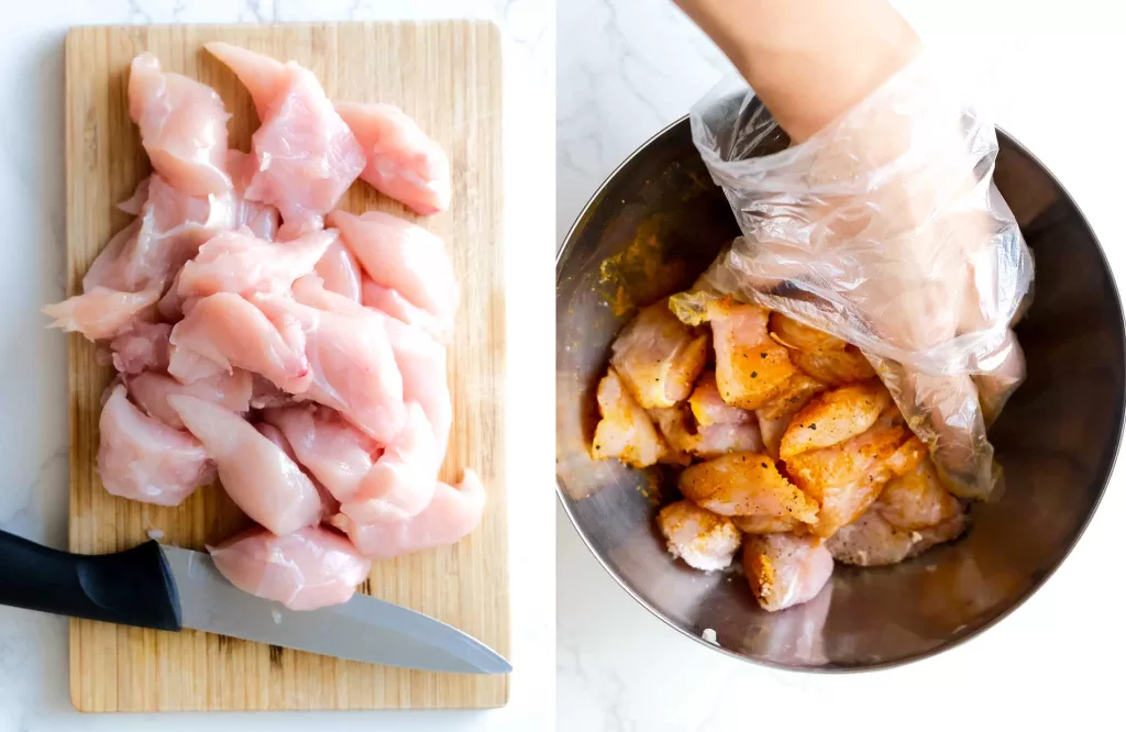 Cutting chicken into cube sized and Rubbing the cube chicken with turmeric, black pepper and salt in a bowl