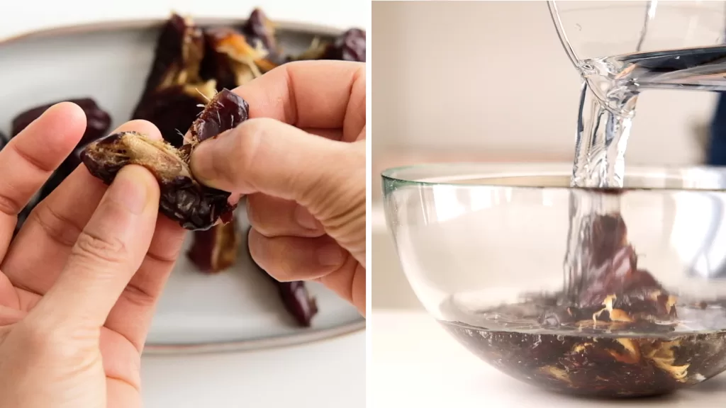 2 photos side by side show the first step in making a Guilt-free Gingerbread Bundt Cake, the left photo shows removing date seed and the right one shows water pouring into a bowl of dates.