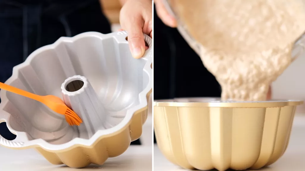 2 photos side by side show the fifth step in making Guilt-free Gingerbread Bundt Cake. The left photo shows me greasing the bundt cake pan, and the right one shows me pouring the batter into the cake pan.