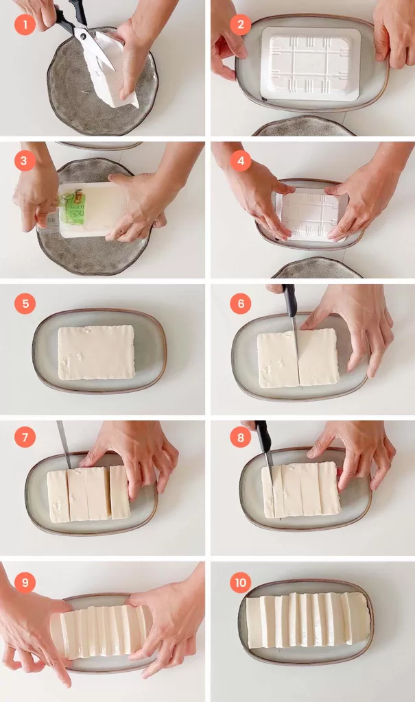 Step by step in preparing silken tofu from the box.