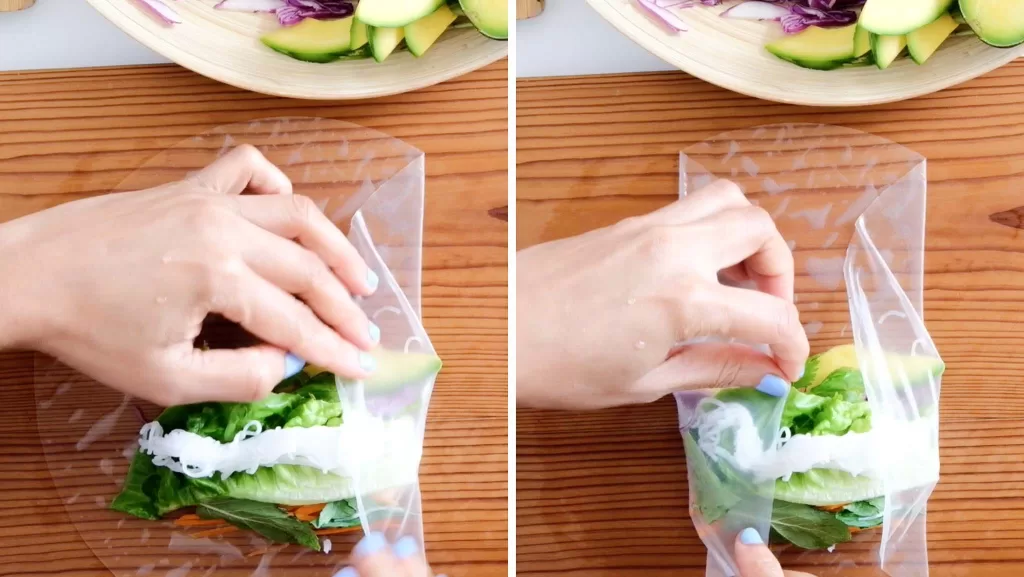 Folding the rice side of the rice paper inward