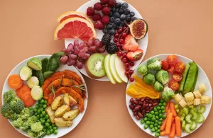 3 plates of different class of healthy unprocessed foods