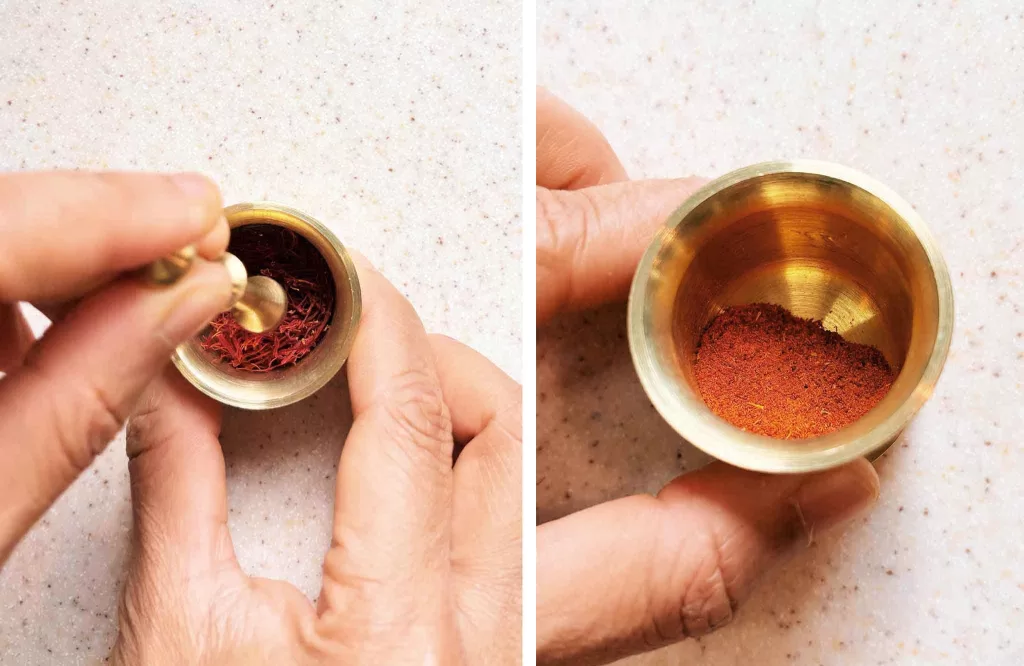 Grinding saffron threads with pastel mortar