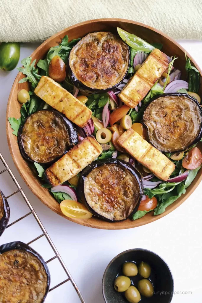 Mediterranean eggplant salad with halloumi