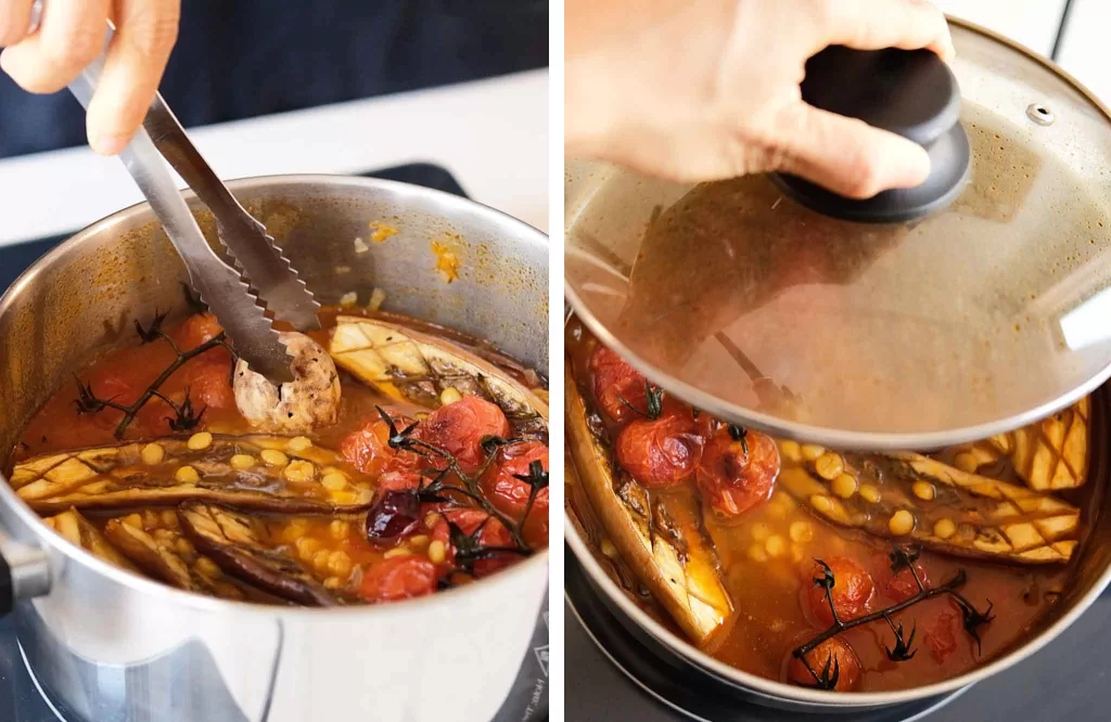 2 steps - Combining eggplants, tomato and dried lime, and closing the lid to cook