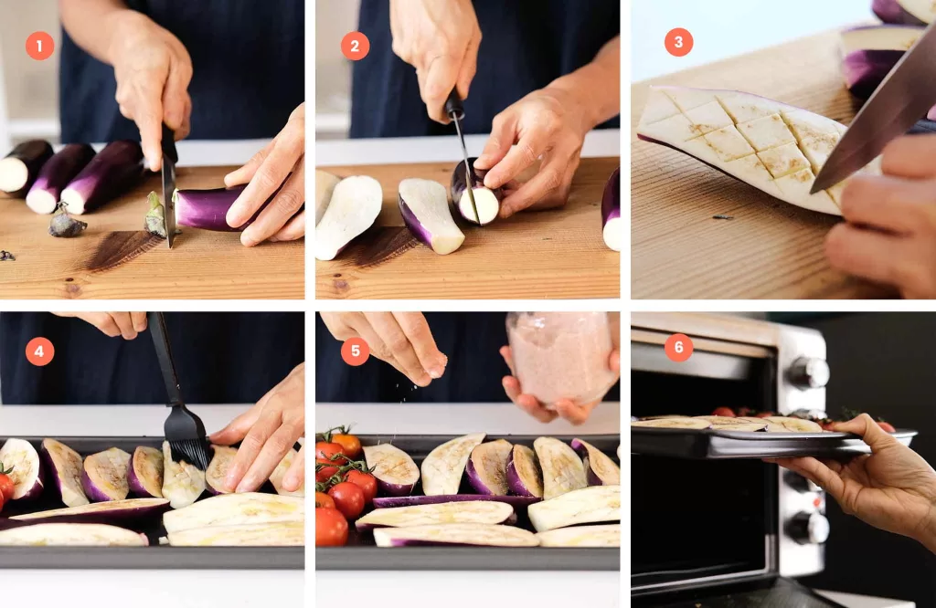 6 steps of roasting eggplants in the oven.