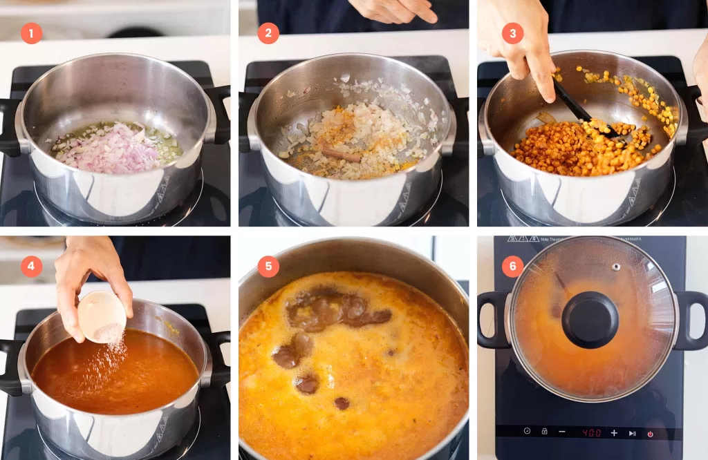 6 steps of stewing yellow split peas on stovetop