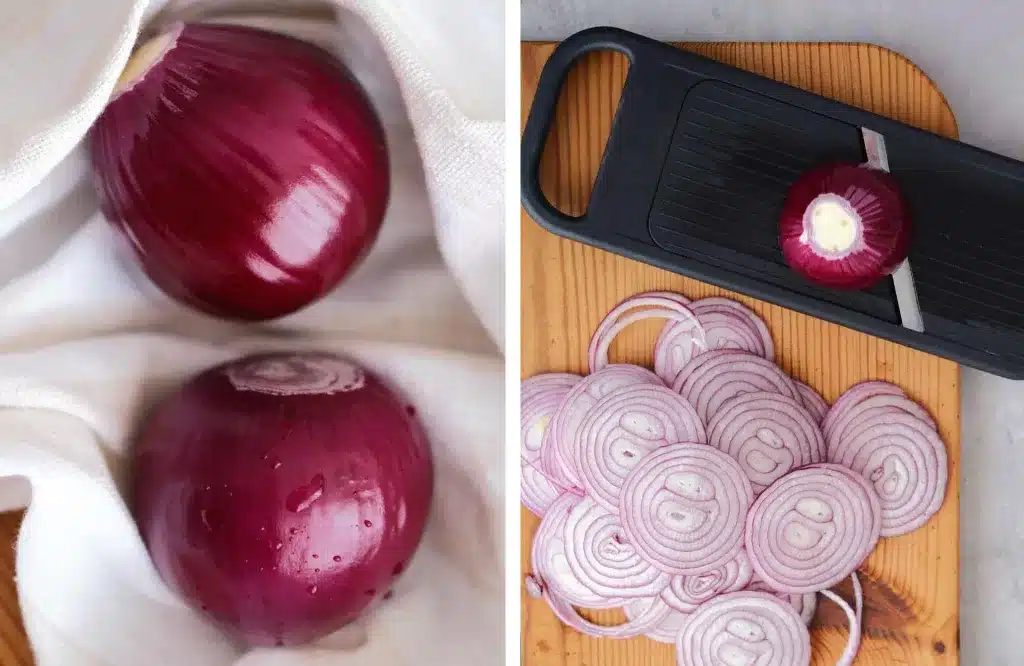 The first 2 steps to make Asian pickled red onion