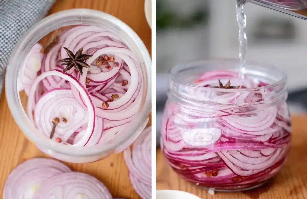 Combine onions, spices and brine in the sterilized jar.