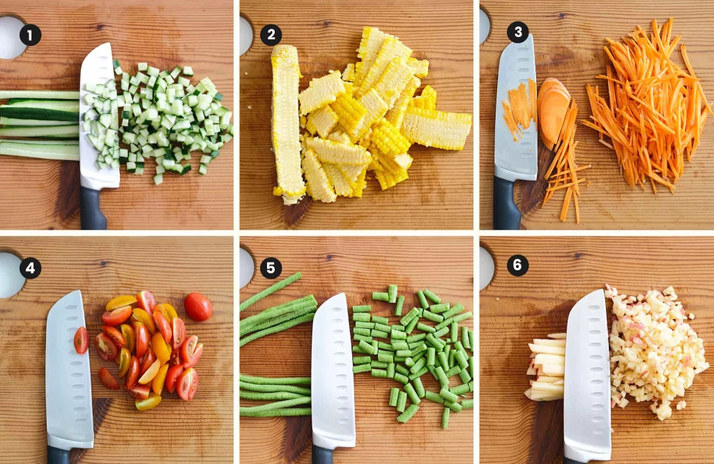 How to cut veggies (cucumber, corn, carrot, cherry tomatoes, long beans and apple).