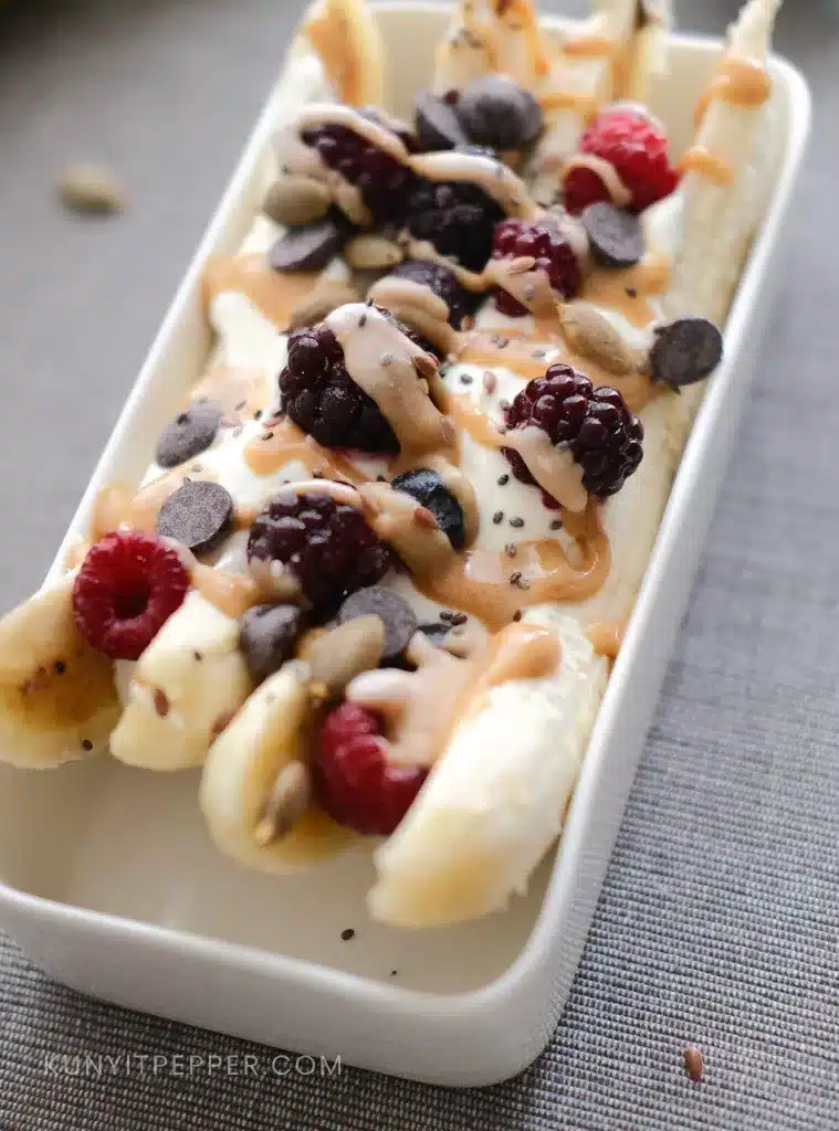 Healthy banana split with peanut butter