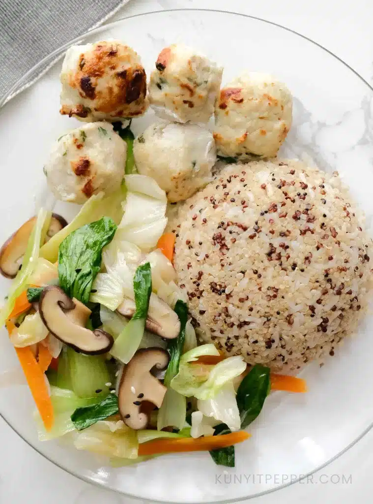 Chinese style Asian Chicken Meatballs Meal_with rice and stir fried veggies