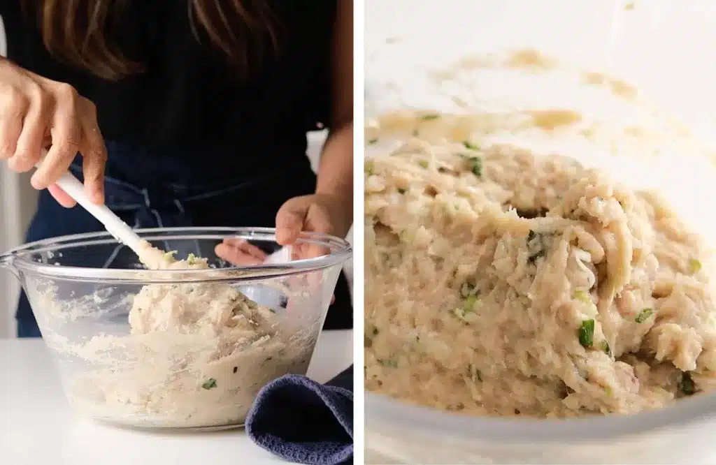 Mixing Asian chicken meatballs ingredients in a bowl