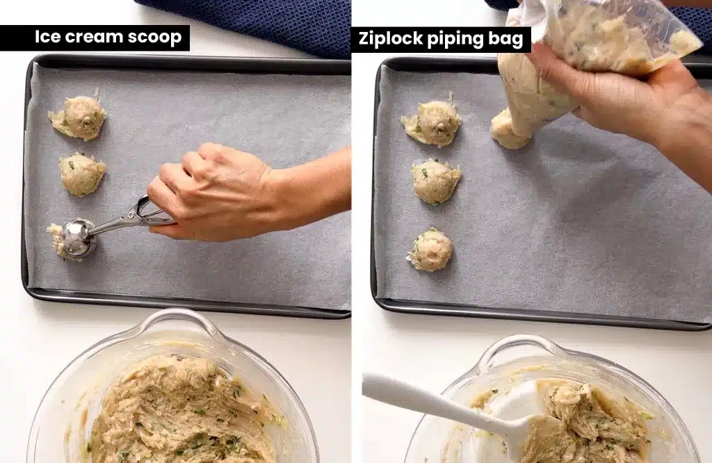 Shaping chicken meatballs with ice cream scoop and piping bag