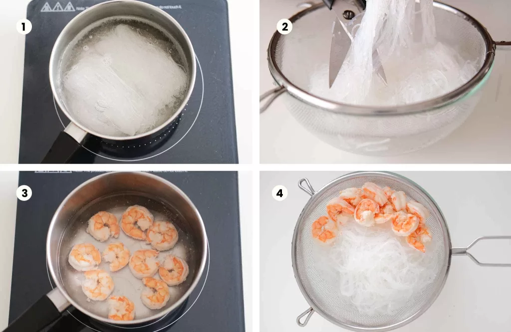 4 steps of boiling noodles & prawns