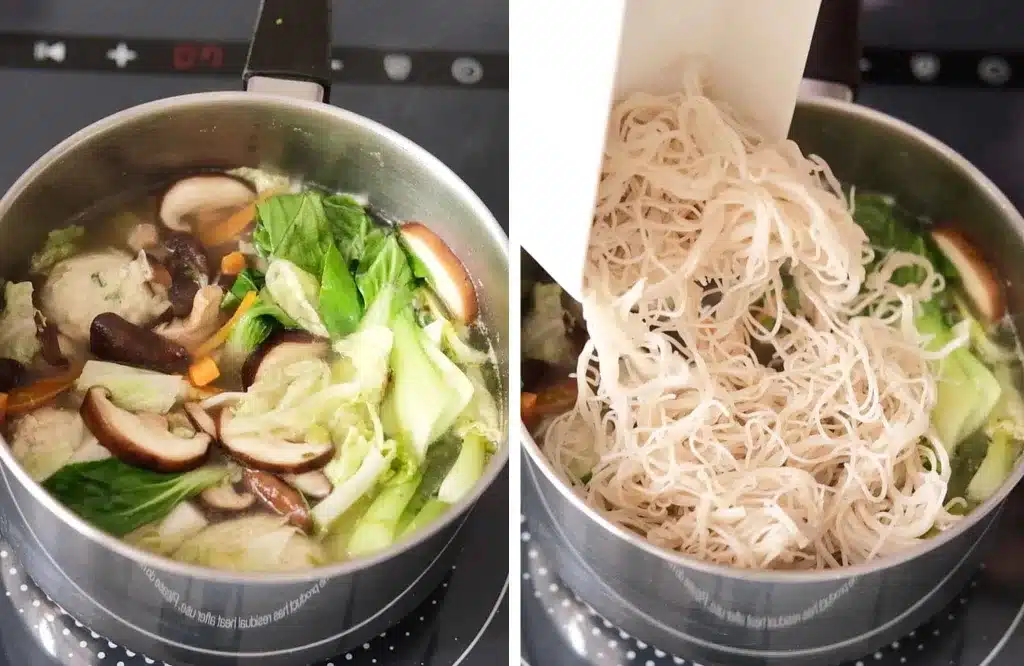 Adding vegetables and noodle into the soup