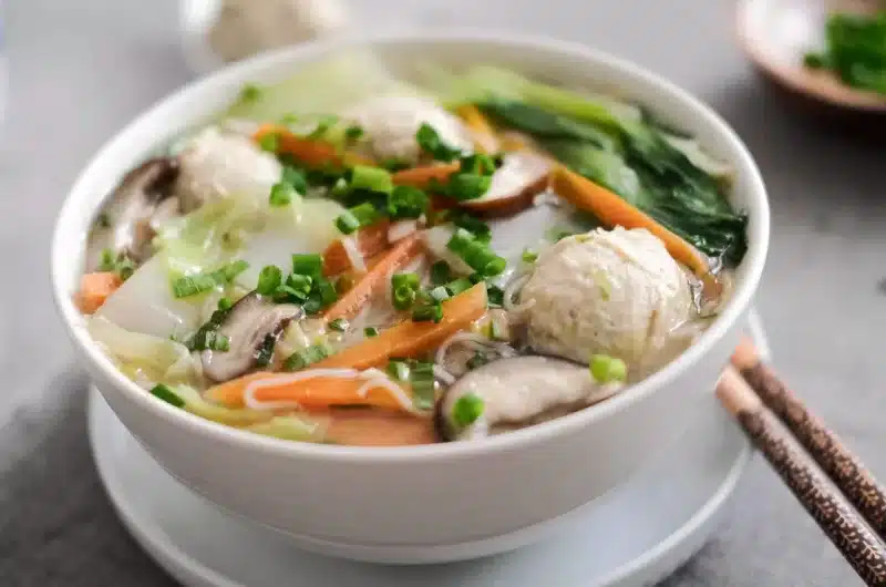 Asian Chicken Meatball Soup Noodle with Mixed Veggies