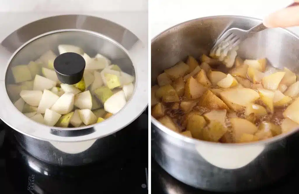 Cooking pear until softened in a pot on a stovetop