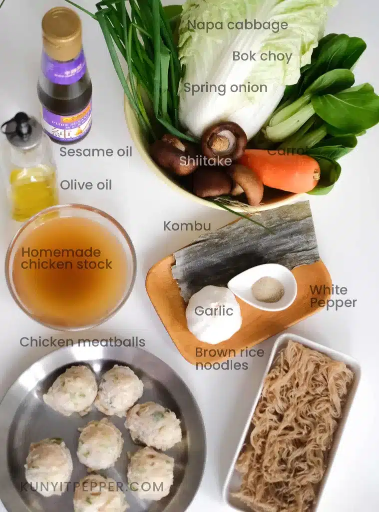 Ingredients to make chicken meatball noodle soup