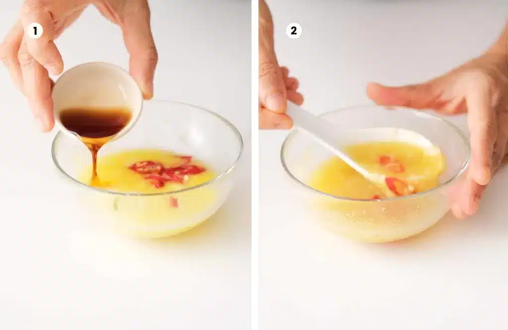 Mixing the dressing ingredients in a small bowl with spoon