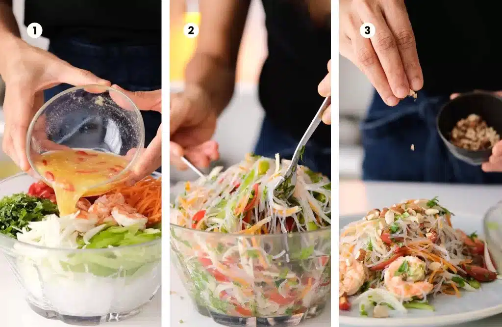 Mixing the glass noodle salad and garnish with chopped almonds