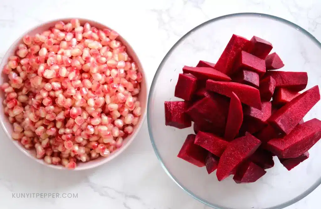 Deseeded pomegranate and cut beetroot