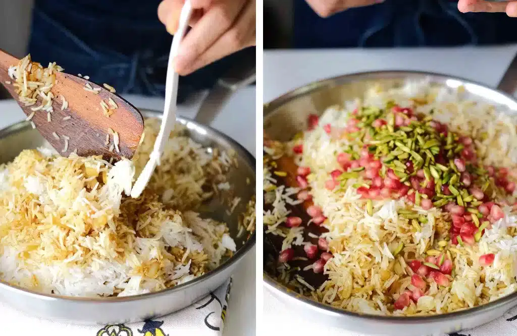 Mixing the rice with spices and pomegranate