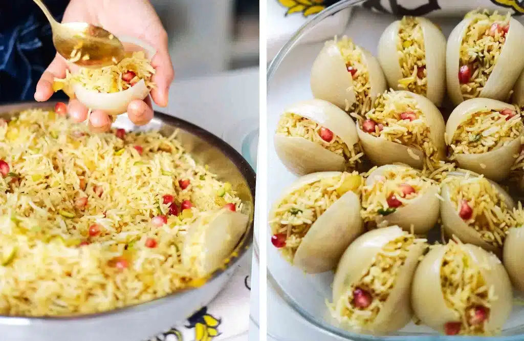 Stuffing the onions with pomegranate rice and arrange