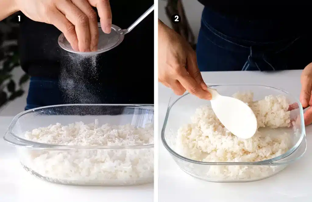 Sprinkling Ragi Tapai and mixing the rice with spatula