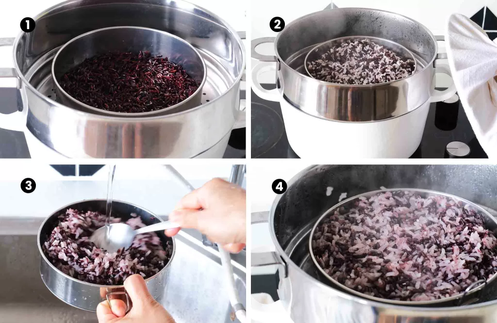 Steaming the black rice and white rice in a steamer