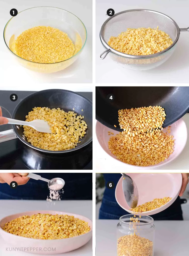 6 steps how to make toasted yellow split mung bean