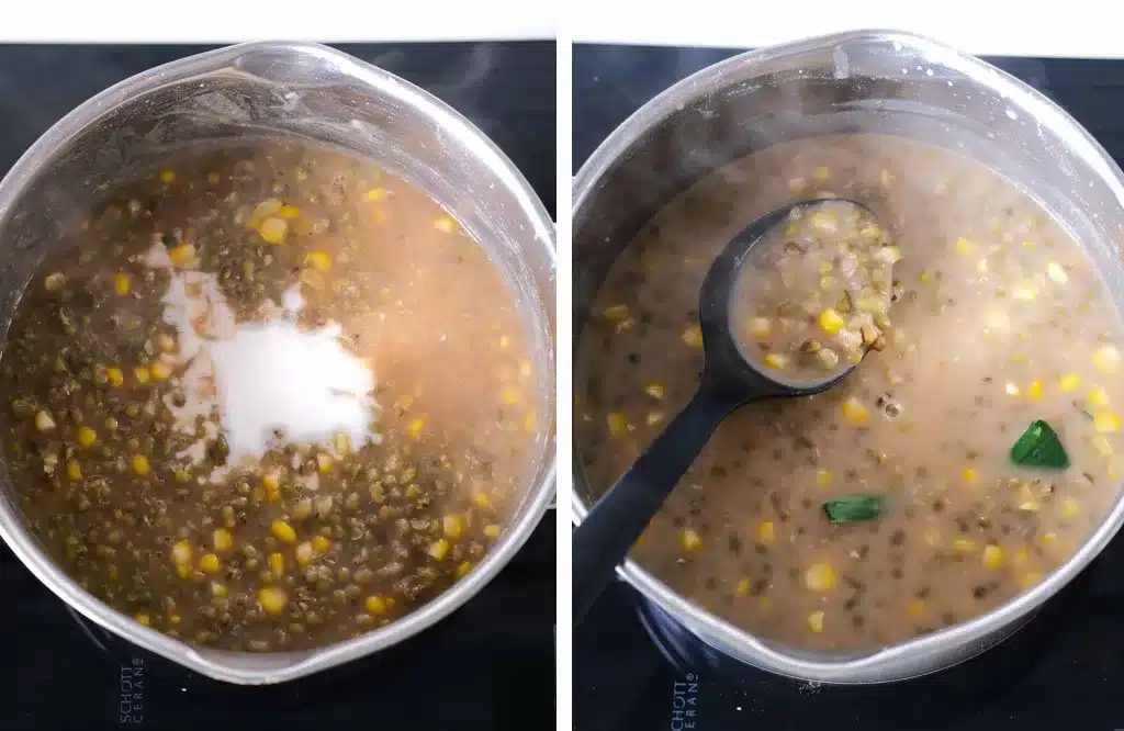 Adding coconut milk and stir with spatula