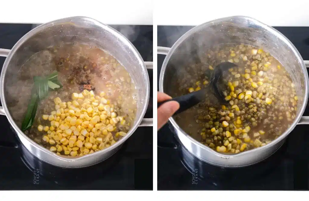 Adding remaining mung beans dessert ingredients in the pot and stir.jpg