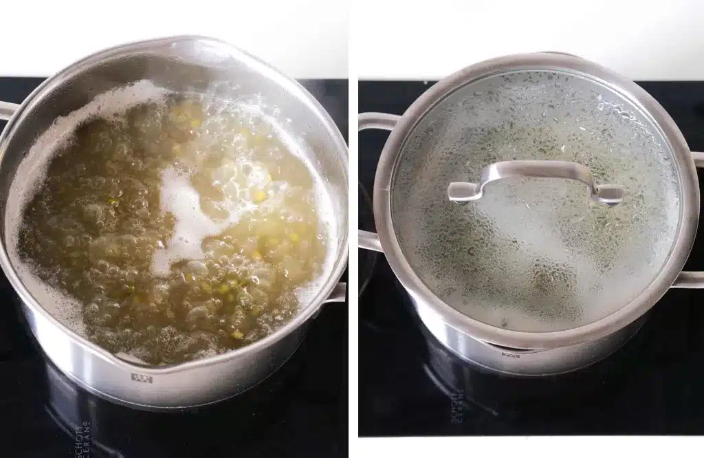 Boiling the beans in a pot and cover with lid