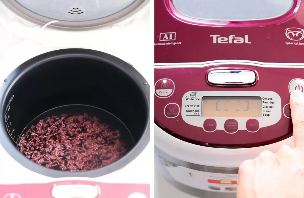 Purple glutinous rice in rice cooker and pressing the rice cooker button