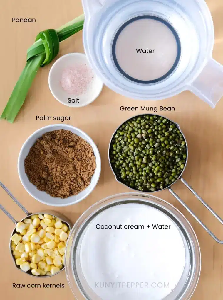 Ingredients to make Sweet Mung Bean Soup Dessert