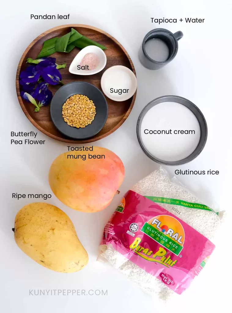 Ingredients to make authentic Butterfly Pea Mango Sticky Rice